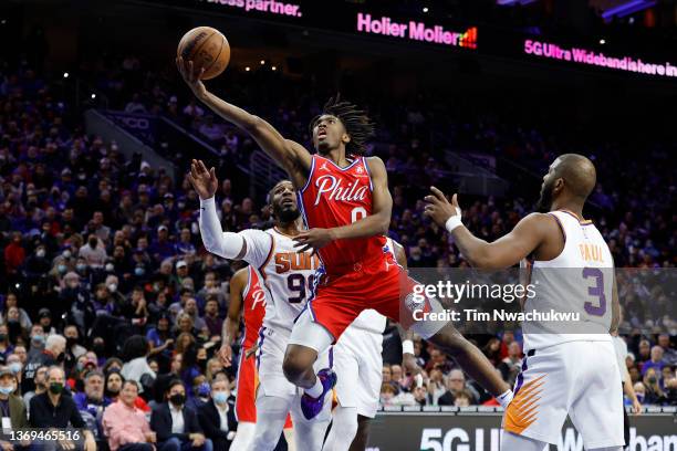 Tyrese Maxey of the Philadelphia 76ers shoots a lay up past Jae Crowder of the Phoenix Suns during the third quarter at Wells Fargo Center on...