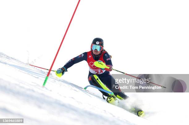 Charlie Guest of Team Great Britain skis during the Women's Slalom Run 1 on day five of the Beijing 2022 Winter Olympic Games at National Alpine Ski...