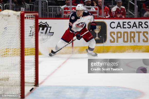 Patrik Laine of the Columbus Blue Jackets hits the post on an empty net against the Washington Capitals during the third period of the game at...