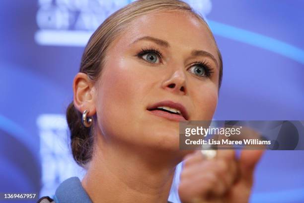 Grace Tame addresses the media at the National Press Club on February 09, 2022 in Canberra, Australia. 2021 Australian of the year, Grace Tame and...