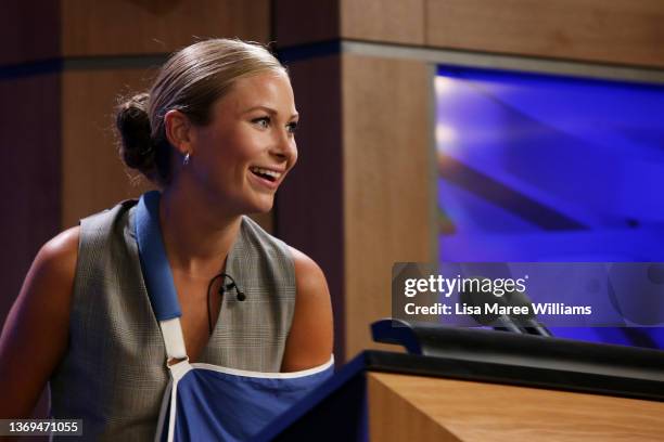 Grace Tame addresses the media at the National Press Club on February 09, 2022 in Canberra, Australia. 2021 Australian of the year, Grace Tame and...