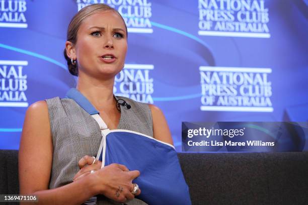 Grace Tame addresses the media at the National Press Club on February 09, 2022 in Canberra, Australia. 2021 Australian of the year, Grace Tame and...