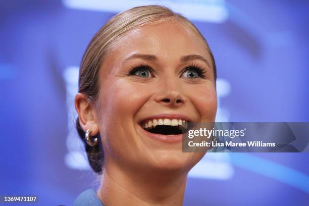 Grace Tame addresses the media at the National Press Club on February 09, 2022 in Canberra, Australia. 2021 Australian of the year, Grace Tame and...