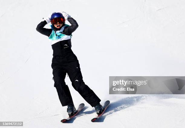 Ailing Eileen Gu of Team China reacts after the last run during the Women's Freestyle Skiing Freeski Big Air Final on Day 4 of the Beijing 2022...