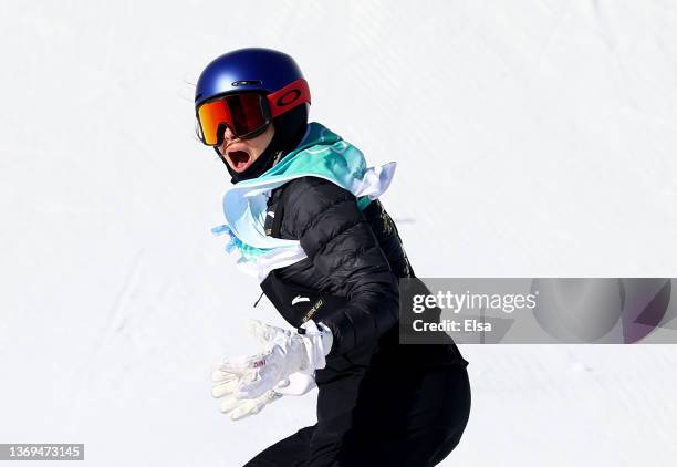Ailing Eileen Gu of Team China reacts after the last run securing the Gold medal during the Women's Freestyle Skiing Freeski Big Air Final on Day 4...