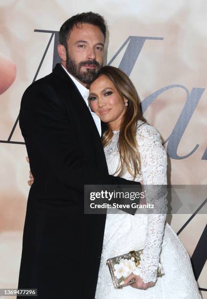 Ben Affleck and Jennifer Lopez arrive at the Los Angeles Special Screening Of "Marry Me" on February 08, 2022 in Los Angeles, California.