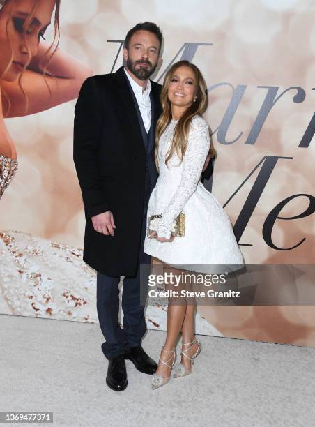 Ben Affleck and Jennifer Lopez arrives at the Los Angeles Special Screening Of "Marry Me" on February 08, 2022 in Los Angeles, California.