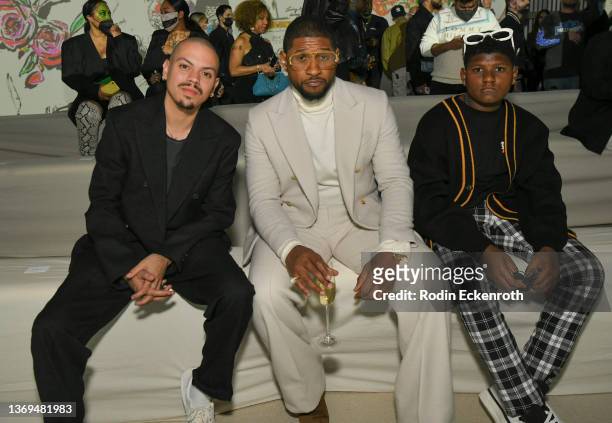 Evan Ross, Usher and Naviyd Ely Raymond attend the AMIRI Autumn-Winter 2022 Runway Show on February 08, 2022 in Los Angeles, California.