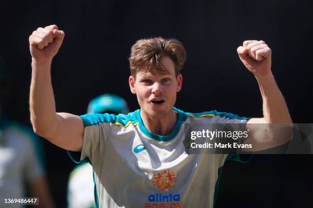 Steve Smith reacts as he claims a wicket in the nets during an Australia T20 Cricket team training session at Stadium Australia on February 09, 2022...