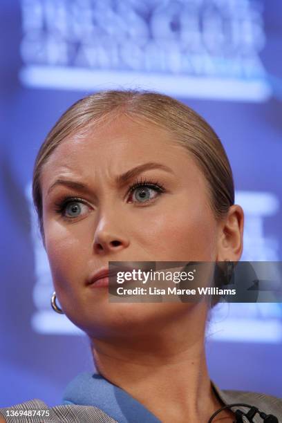 Grace Tame addresses the media at the National Press Club on February 09, 2022 in Canberra, Australia. 2021 Australian of the year, Grace Tame and...