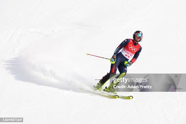 Charlie Guest of Team Great Britain reacts following her run during the Women's Slalom Run 2 on day five of the Beijing 2022 Winter Olympic Games at...