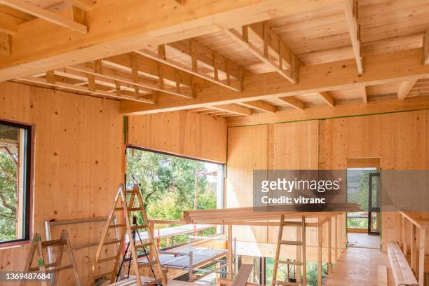 three wooden ladders remain on top floor of clt house - wood structure stock pictures, royalty-free photos & images