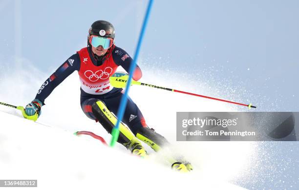 Charlie Guest of Team Great Britain skis during the Women's Slalom Run 2 on day five of the Beijing 2022 Winter Olympic Games at National Alpine Ski...