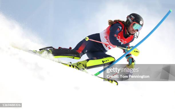 Charlie Guest of Team Great Britain skis during the Women's Slalom Run 2 on day five of the Beijing 2022 Winter Olympic Games at National Alpine Ski...