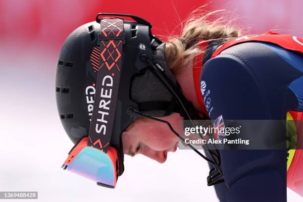 Charlie Guest of Team Great Britain reacts following her run during the Women's Slalom Run 2 on day five of the Beijing 2022 Winter Olympic Games at...