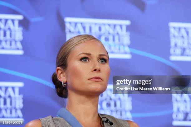 Grace Tame addresses the media at the National Press Club on February 09, 2022 in Canberra, Australia. 2021 Australian of the year, Grace Tame and...