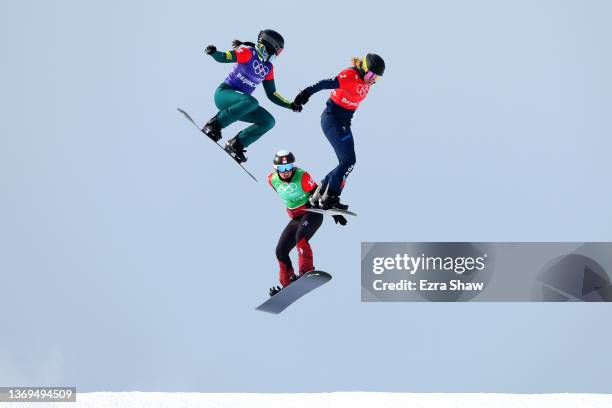 Belle Brockhoff of Team Australia, Sophie Hediger of Team Switzerland and Charlotte Bankes of Team Great Britain compete during the Women's Snowboard...