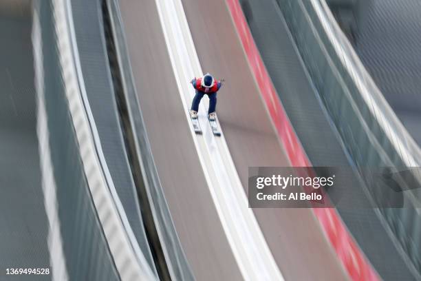 Stephen Schumann of Team United States competes during Individual Gundersen Normal Hill/10km Ski Jumping Trial Round at The National Cross-Country...