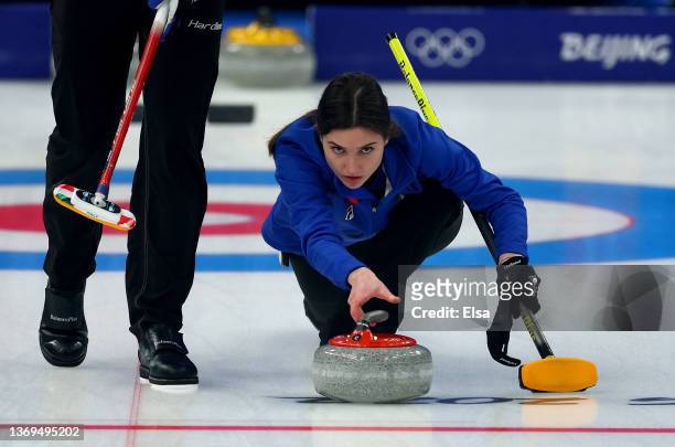 Stefania Constantini of Team Italy competes against Team Sweden during the Mixed Doubles Semi-final on Day 3 of the Beijing 2022 Winter Olympics at...