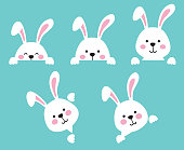 Peeking Cute Easter Bunny Rabbit Frame Vector Illustration
