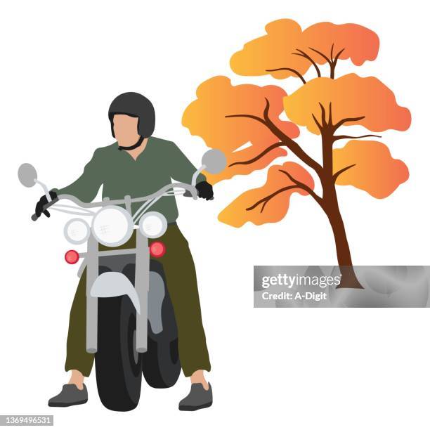 motorcyclist in autumn - man riding motorcycle clip art stock illustrations