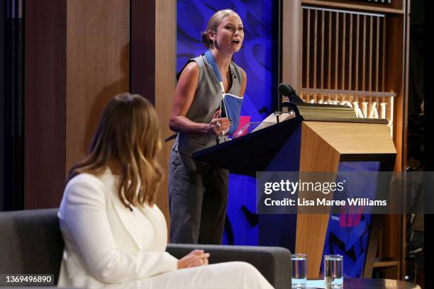 Grace Tame addresses the media at the National Press Club on February 09, 2022 in Canberra, Australia. 2021 Australian of the year, Grace Tame and...