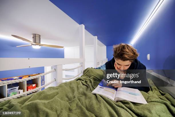 teenage boy lying in bed and studying for school - bunk bed stockfoto's en -beelden