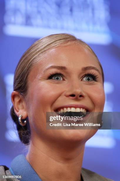 Grace Tame addresses the media at the National Press Club on February 09, 2022 in Canberra, Australia. 2021 Australian of the year, Grace Tame and...