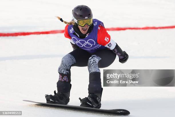 Lindsey Jacobellis of Team United States celebrates after winning during the Women's Snowboard Cross Semifinals on Day 5 of the Beijing 2022 Winter...