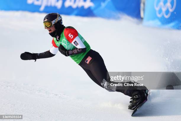 Lindsey Jacobellis of Team United States reacts after crossing the finish line to win the gold medal during the Women's Snowboard Cross Big Final on...