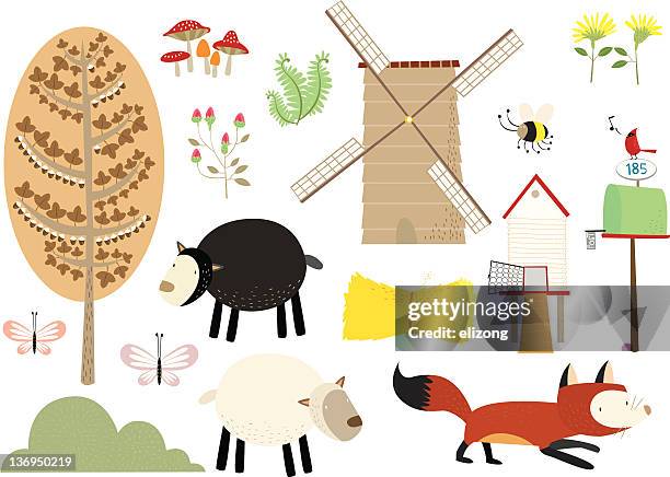 illustrations, cliparts, dessins animés et icônes de moulin à vent avec des animaux de la ferme et de foin - poulailler