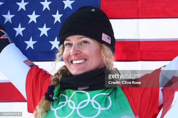 Gold medallist Lindsey Jacobellis of Team United States poses during the Women's Snowboard Cross flower ceremony on Day 5 of the Beijing 2022 Winter...