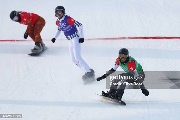 Lindsey Jacobellis of Team United States reacts after crossing the finish line to win the gold medal during the Women's Snowboard Cross Big Final on...