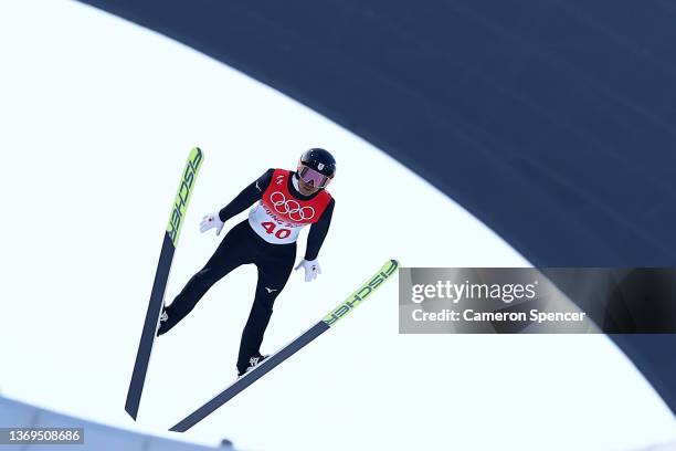 Akito Watabe of Team Japan competes during Individual Gundersen Normal Hill/10km Ski Jumping Competition Round at The National Cross-Country Skiing...