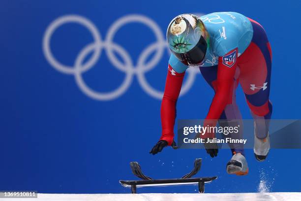 Kellie Delka of Team Puerto Rico slides during Women's Skeleton training on day five of the Beijing 2022 Winter Olympic Games at National Sliding...