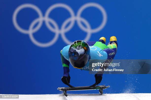 Nicole Rocha Silveira of Team Brazil slides during Women's Skeleton training on day five of the Beijing 2022 Winter Olympic Games at National Sliding...