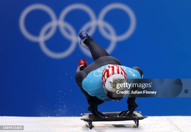 Katie Uhlaender of Team United States slides during Women's Skeleton training on day five of the Beijing 2022 Winter Olympic Games at National...