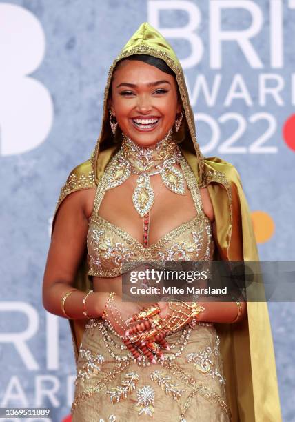 Joy Crookes attends The BRIT Awards 2022 at The O2 Arena on February 08, 2022 in London, England.