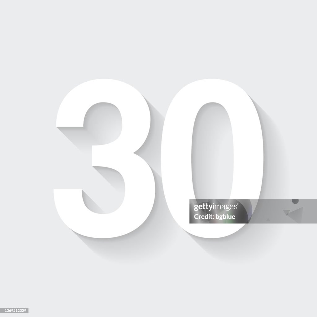 30 - Number Thirty. Icon with long shadow on blank background - Flat Design