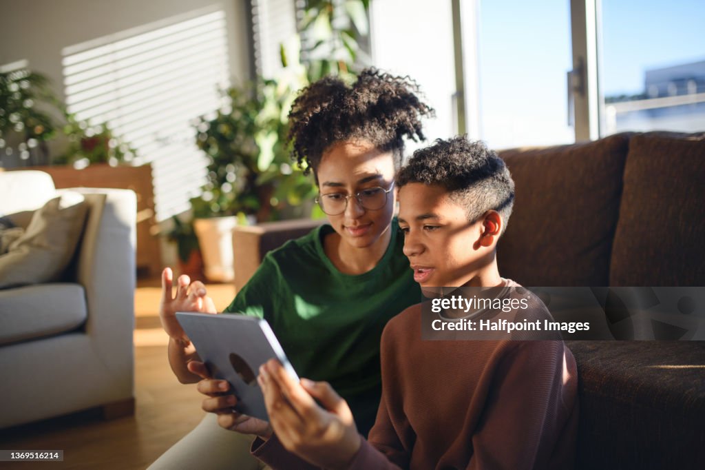 Multiracial teenage sister and brother sitting on floor and using digital devices at home.
