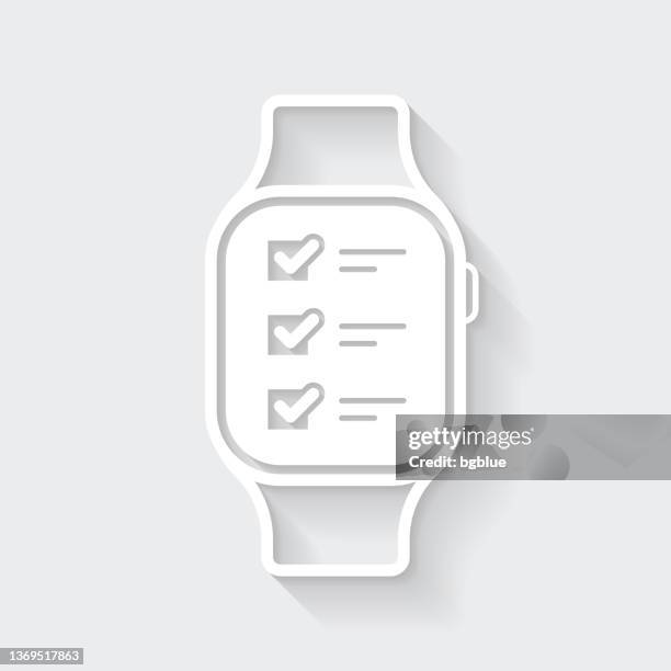 smartwatch with checklist. icon with long shadow on blank background - flat design - checking smart watch stock illustrations