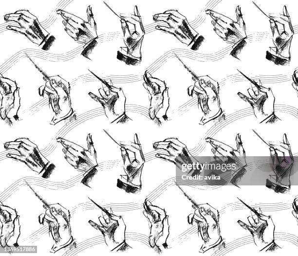 dirigentenhände, nahtloses muster in schwarz-weiß, hintergrundgezeichnete konzertillustration - conductor leading orchestra stock-grafiken, -clipart, -cartoons und -symbole