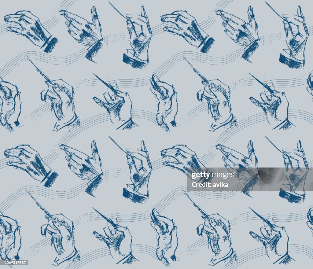 Conductor's hands, seamless pattern in grey and indigo, background hand-drawn concert illustration