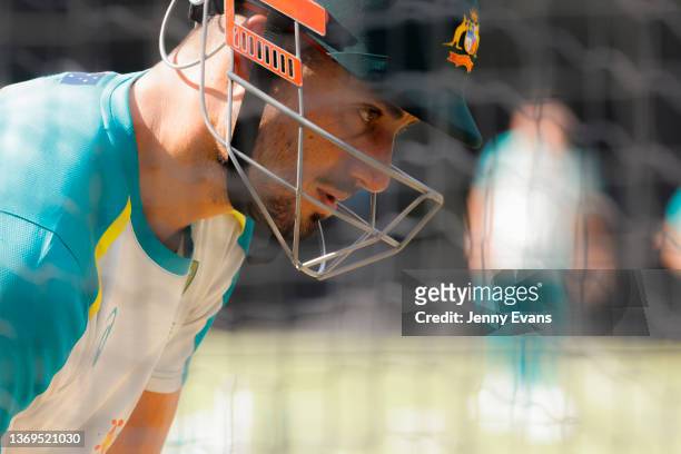 Marcus Stoinis looks on during an Australia T20 Cricket team training session at Stadium Australia on February 09, 2022 in Sydney, Australia.