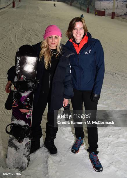 Former Team GB snowboarder Aimee Williams, UK Sport's Dame Katherine Grainger at The Snow Centre, Hemel Hempstead to celebrate National Lottery...