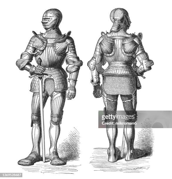 old engraving illustration of german armour from the time of maximilian i - armoured fotografías e imágenes de stock