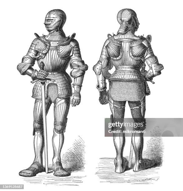 old engraving illustration of german armour from the time of maximilian i - armatura foto e immagini stock