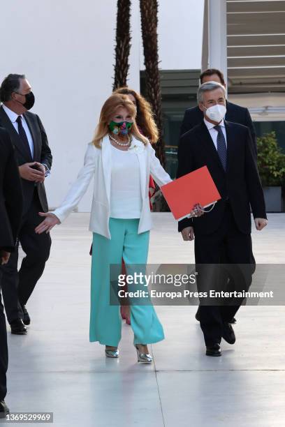 Tita Cervera welcomes with open arms the Minister of Culture, Miquel Iceta, on his arrival at the Thyssen Museum, on February 9 in Madrid, Spain....