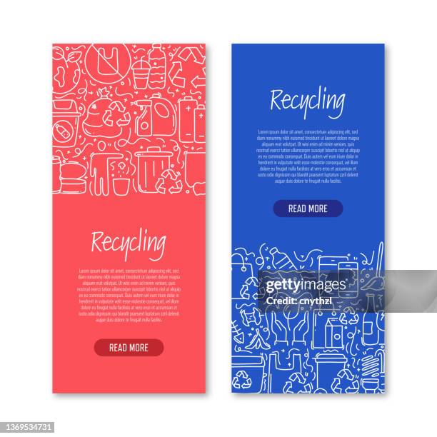 recycling related objects and elements. hand drawn vector doodle illustration collection. banner template with different recycling objects - reduce plastic stock illustrations