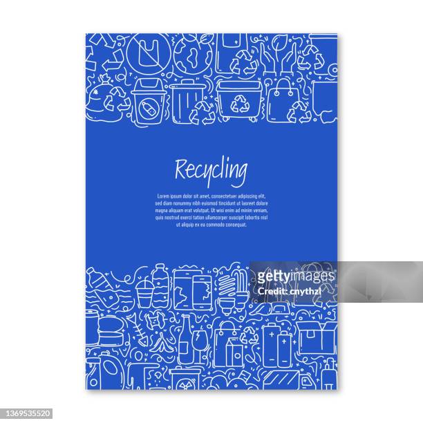 recycling related objects and elements. hand drawn vector doodle illustration collection. poster, cover template with different recycling objects - industrial garbage bin stock illustrations